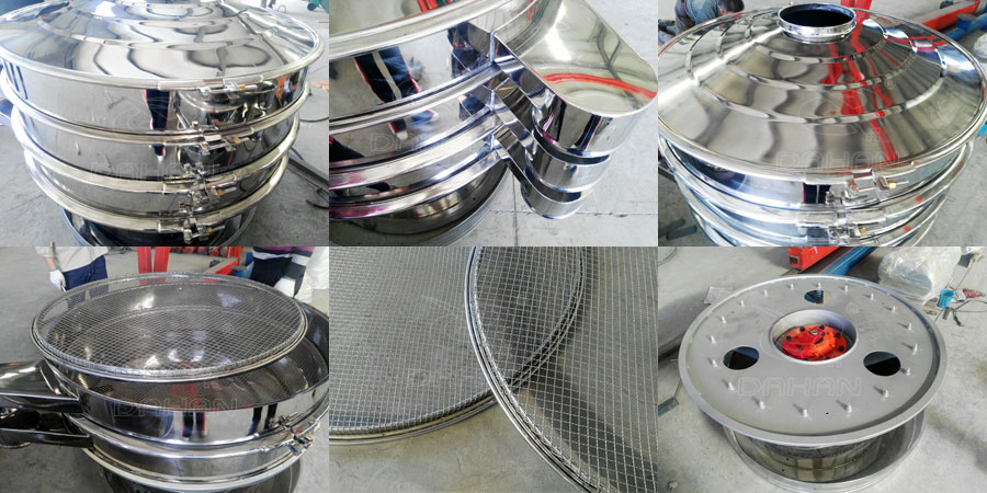 紅薯淀粉振動篩細節(jié)展示：鎖緊扣，出料口，防塵蓋，網(wǎng)架，篩網(wǎng)，振動底座。