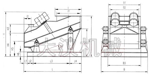 ZSG礦用振動篩外形示意圖：B為礦用振動篩寬度，L為礦用振動篩長度。H為礦用振動篩高度等。