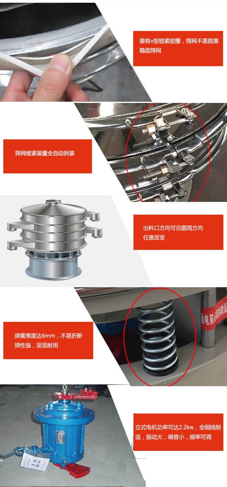 裝有V型鎖緊膠圈，使篩網(wǎng)不易脫落穩(wěn)固篩網(wǎng)，篩網(wǎng)鎖緊裝置，全自動(dòng)拆裝，出料口方向可沿圓周方向任意改變。彈簧厚度達(dá)6mm，不易折斷，彈性強(qiáng)，堅(jiān)固耐用。專(zhuān)業(yè)的振動(dòng)電機(jī)，全銅線制造，振動(dòng)大，機(jī)械噪音小，頻率可調(diào)。產(chǎn)品對(duì)比:材質(zhì)：大漢振動(dòng)篩廠家采用304不銹鋼材質(zhì)耐腐蝕性，耐熱性強(qiáng)。個(gè)別廠家采用其它金屬材質(zhì)，耐腐蝕性，耐熱性差蒸發(fā)緩慢，烘干效率較低。大漢振動(dòng)篩廠家采用金屬編織網(wǎng)，篩分精度高，效率高，篩網(wǎng)利用率高。