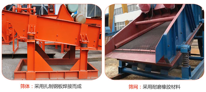 礦用振動篩特點(diǎn)：篩體采用扎制鋼板焊接而成，篩網(wǎng)采用耐磨橡膠材質(zhì)