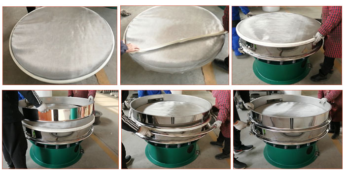 食品振動(dòng)篩網(wǎng)安裝步驟3，將密封圈安裝到網(wǎng)架周圍，將篩框放到網(wǎng)架上，并利用束環(huán)將上下兩層篩框固定在一起。