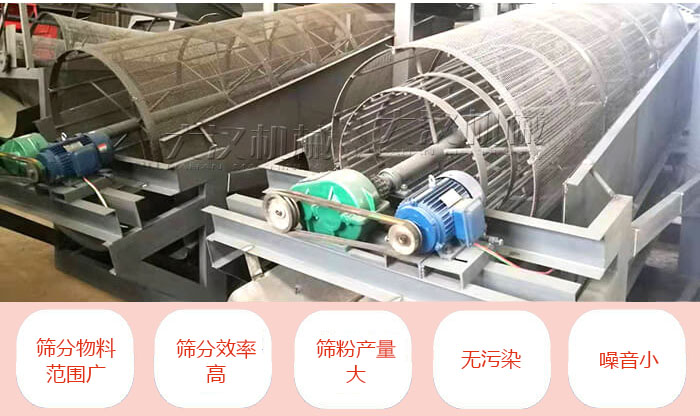 滾筒篩分機(jī)主要特點(diǎn)：篩分物料范圍廣，篩分效率高，篩分產(chǎn)量大，無污染，噪音小。