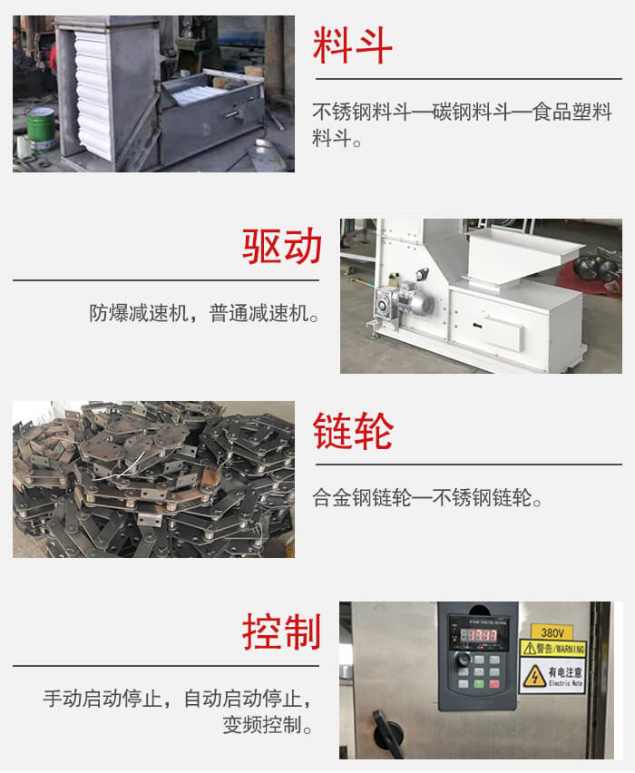 z型斗式提升機(jī)料斗：不銹鋼料斗-碳鋼料斗-食品塑料料斗。驅(qū)動(dòng)裝置采用的式防爆減速機(jī)，普通減速機(jī)兩種。鏈輪采用合金鏈輪-不銹鋼鏈輪控制器：手動(dòng)啟動(dòng)/停止，以及自動(dòng)啟動(dòng)停止。