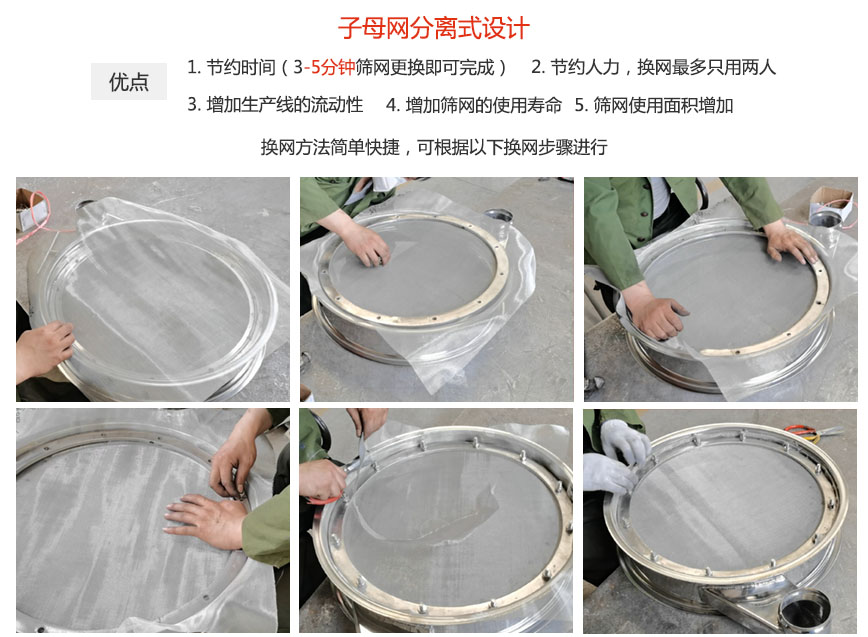 大漢振動(dòng)機(jī)械換網(wǎng)優(yōu)勢(shì)：1，節(jié)省時(shí)間（3-5分鐘篩網(wǎng)更換即可完成）2，節(jié)省人力，換網(wǎng)只有兩人。3.增加生產(chǎn)線的流暢性。4.增加篩網(wǎng)壽命，彈跳球不直接撞擊子網(wǎng)。5.篩網(wǎng)使用面積增加。