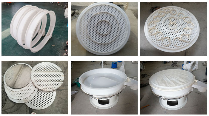 塑料防腐旋振篩配件：振動(dòng)篩底座，篩框，防塵蓋，篩網(wǎng)，振動(dòng)電機(jī)座。