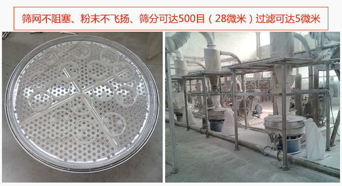 冶金粉末振動(dòng)篩篩網(wǎng)不阻塞、粉末不飛揚(yáng)、篩分可達(dá)500目（28微米）過(guò)濾可達(dá)5微米。