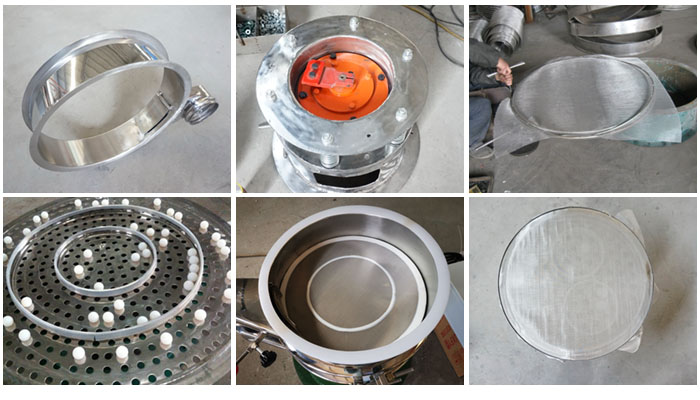 不銹鋼小型振動篩細節(jié)：振動篩篩框，振動電機座，篩網，彈跳球，密封圈，篩網網架。