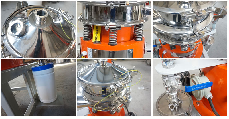 氣體保護(hù)超聲波振動(dòng)篩細(xì)節(jié)：控制閥，料罐，篩網(wǎng)。