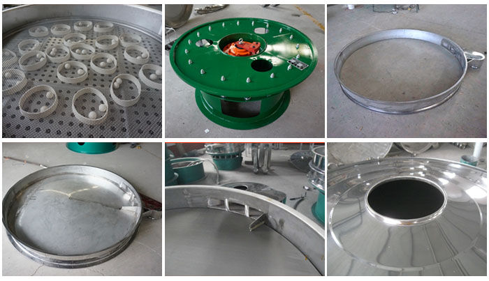 大型旋振篩細(xì)節(jié)：大型旋振篩篩網(wǎng)，大型旋振篩篩框，大型旋振篩防塵蓋。