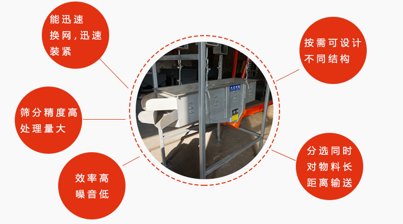吊掛式振動篩優(yōu)勢：能迅速換網(wǎng)，迅速裝緊，篩分精度高，處理量大，效率高噪音低，分選同時對物料長距離輸送。按需可設(shè)計(jì)不同結(jié)構(gòu)。