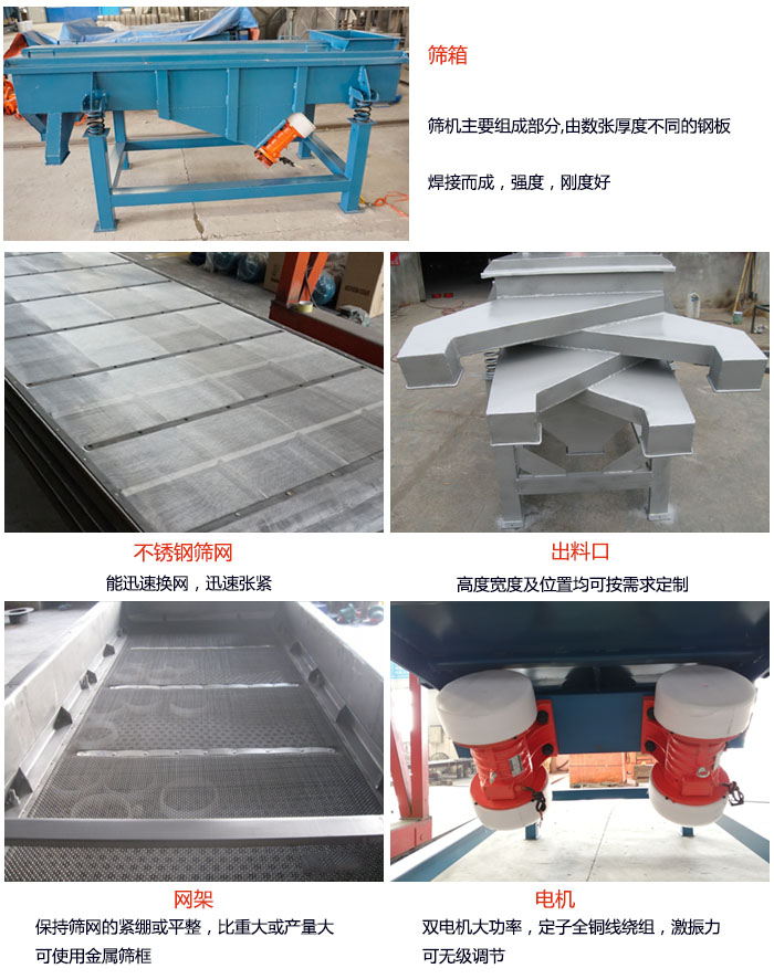 520型直線振動(dòng)篩結(jié)構(gòu)：篩箱：篩機(jī)主要組成部分，由數(shù)張厚度不同的鋼板焊制而成，強(qiáng)度，剛度好。不銹鋼篩網(wǎng)：能迅速換網(wǎng)，迅速張緊。電機(jī)：雙電機(jī)大功率，定子全銅線繞組，激振力可無極調(diào)節(jié)。網(wǎng)架：保持篩網(wǎng)的緊繃和平整，比重大或產(chǎn)量大時(shí)可使用金屬篩框。出料口：高度寬度及位置均可按照用戶的要求來定制。