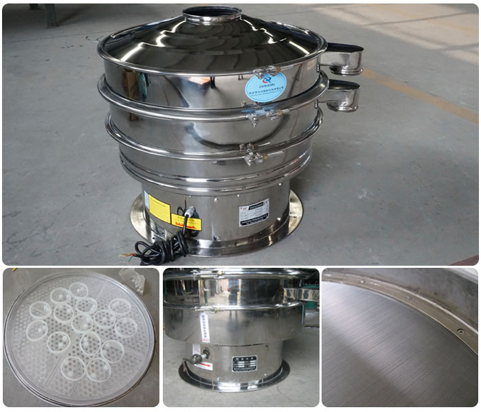 1000型全不銹鋼振動(dòng)篩細(xì)節(jié)展示：振動(dòng)篩網(wǎng)，震動(dòng)篩底座，振動(dòng)篩篩網(wǎng)。