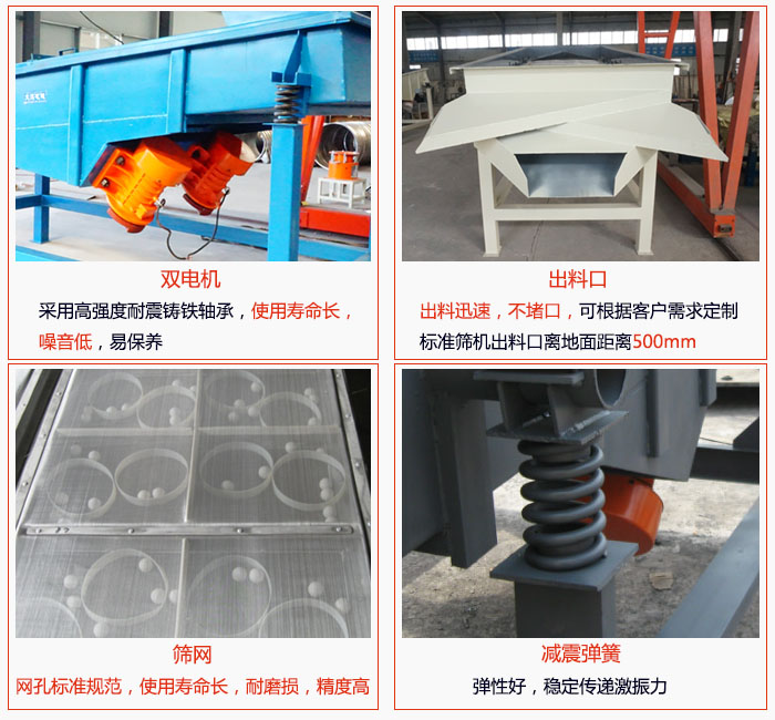 1030直線振動(dòng)篩雙電機(jī)采用高強(qiáng)度耐震鑄鐵軸承使用壽命長(zhǎng)、噪音低，易保養(yǎng)；出料口排料迅速，不堵口，可根據(jù)客戶需求定制，標(biāo)準(zhǔn)機(jī)器出料口離地面距離500mm;篩網(wǎng)網(wǎng)孔標(biāo)準(zhǔn)規(guī)范、使用壽命長(zhǎng)，耐磨損、精度高；減震彈簧：彈性好，穩(wěn)定傳遞激振力。