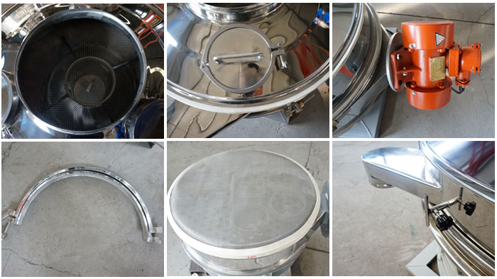 單振源直排篩細(xì)節(jié)展示：防塵蓋，振動源，振動篩網(wǎng)，大束環(huán)，控制開關(guān)等。