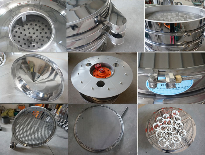 里外剖光振動(dòng)篩細(xì)節(jié)：防塵蓋拋光效果，篩框拋光效果，振動(dòng)篩底座拋光效果，振動(dòng)篩網(wǎng)架拋光效果等。