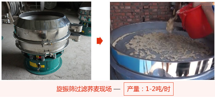 旋振篩過濾蕎麥現(xiàn)場，產(chǎn)量可達2噸每小時。