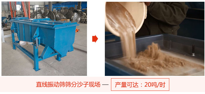 直線振動篩篩分沙子現(xiàn)場展示，產(chǎn)量高達20噸每小時。