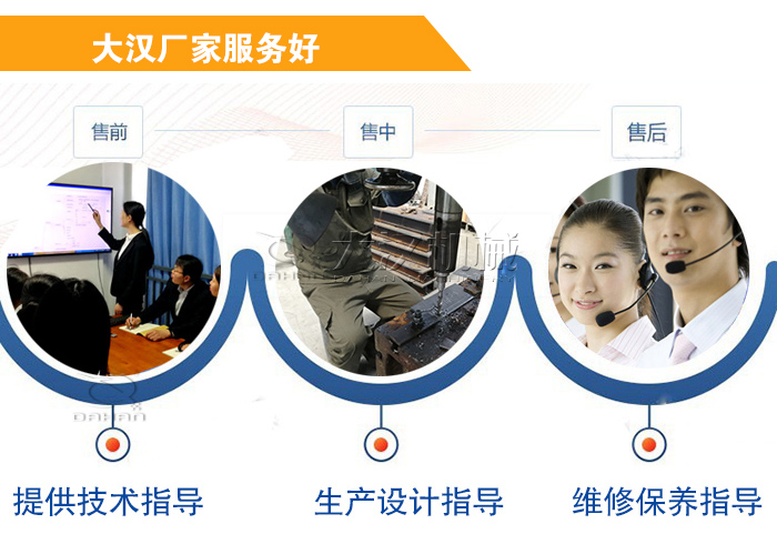 大漢廠家服務(wù)流程：售前-售中-售后：提供技術(shù)指導(dǎo)，生產(chǎn)設(shè)計(jì)指導(dǎo)，維修保養(yǎng)指導(dǎo)。
