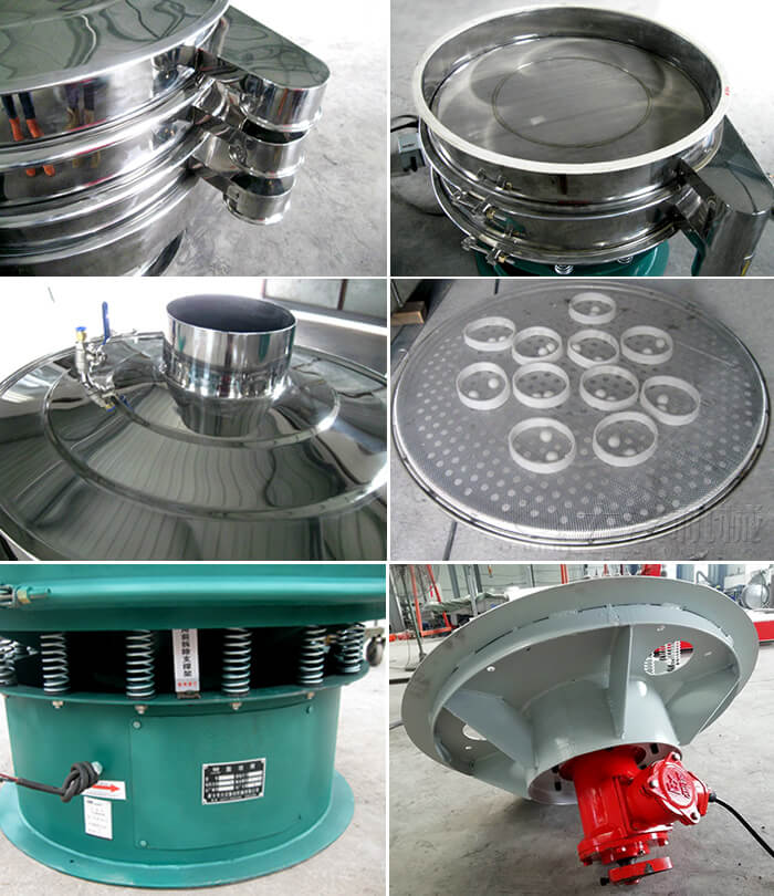 圓形旋振篩細(xì)節(jié)展示：出料口，篩網(wǎng)，進(jìn)料口，網(wǎng)架，擋球環(huán)，振動(dòng)彈簧，振動(dòng)電機(jī)等。