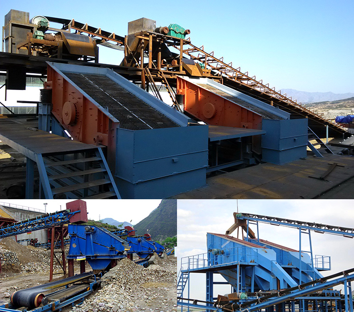 礦用振動(dòng)篩石子篩分現(xiàn)場(chǎng)。