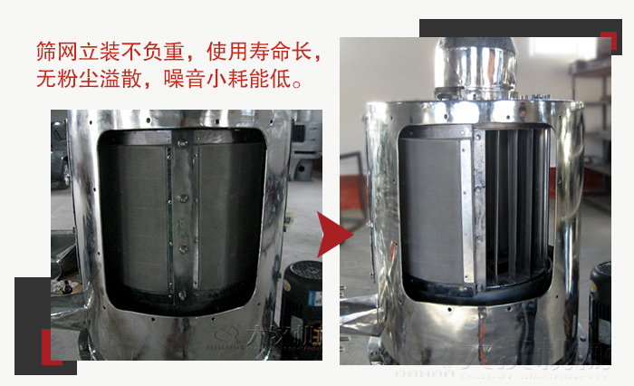 氣流篩采用立式篩網(wǎng)，不受物料的沖擊力的影響，篩網(wǎng)使用壽命長