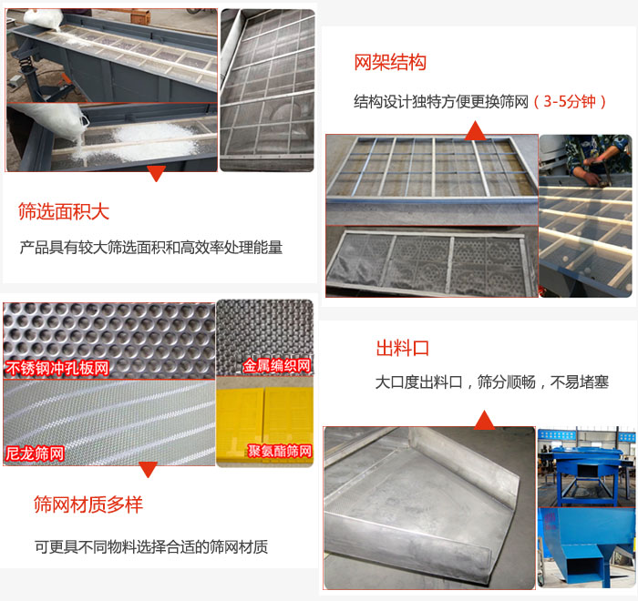 多層直線振動篩篩選面積大，網(wǎng)架結(jié)構(gòu)方便篩網(wǎng)更換，篩網(wǎng)可選：不銹鋼沖孔板，金屬編織，尼龍篩網(wǎng)，聚氨酯篩網(wǎng)等。