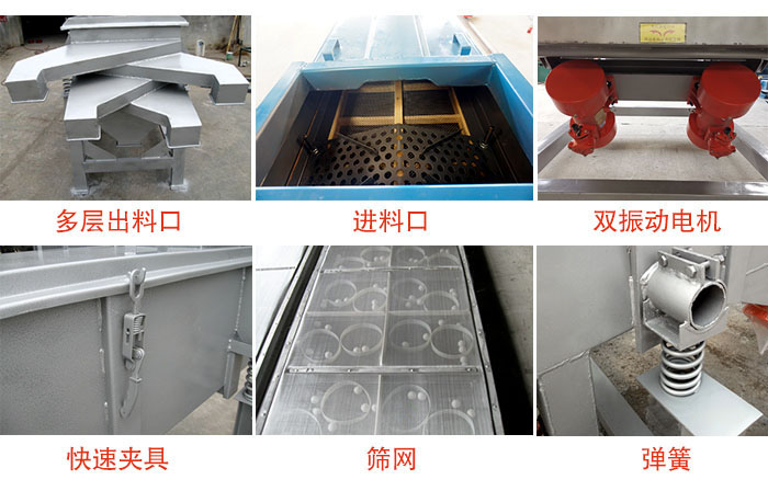 多層直線振動篩出料口，篩網(wǎng)，彈簧，快速夾具，振動電機(jī)等