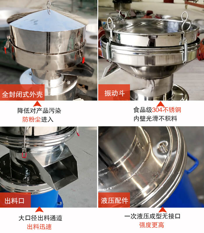 450過濾篩機結構組成：全封閉式外殼設計：對產(chǎn)品的污染低，防塵粉進入電機內部延長設備壽命。振動斗：食品304不銹鋼篩斗，內壁光滑不存在積料現(xiàn)象。出料口，大口徑出料通道，出料迅速，提高工作效率。液壓配件：一次液壓成型無接口強度更高。