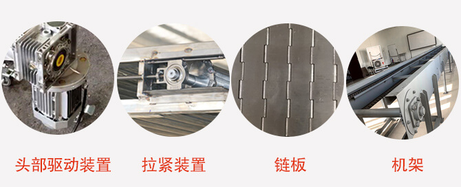 鏈板輸送機結(jié)構(gòu)：頭部驅(qū)動裝置，拉緊裝置，鏈板，機架等圖片展示