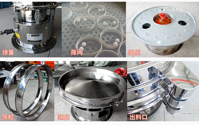細(xì)節(jié)展示：篩框，篩網(wǎng)，振動(dòng)底座，振動(dòng)體，出料口。