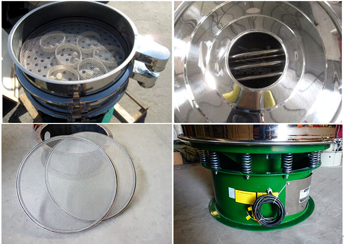 單層振動(dòng)篩細(xì)節(jié)：篩網(wǎng)，進(jìn)料口，振動(dòng)彈簧，彈跳球。