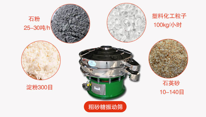 　粗砂糖振動篩更多適用范圍:食品行業(yè)，化工行業(yè)，制藥行業(yè)，行業(yè)，冶金行業(yè)等。